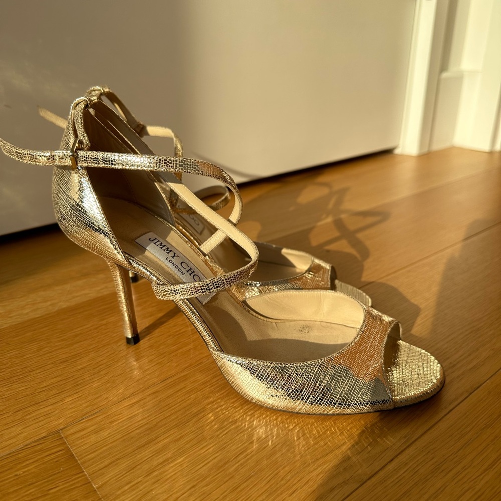 Jimmy Choo gold strappy heels size 10, worn once!